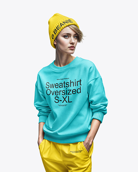 Woman Wearing Sweatshirt and Beanie Mockup