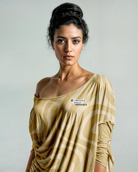 A Woman with Dark Hair Wearing a Long Sleeve T-Shirt Mockup