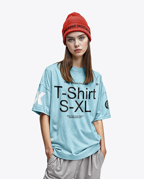 Woman In a Beanie and T-shirt Mockup