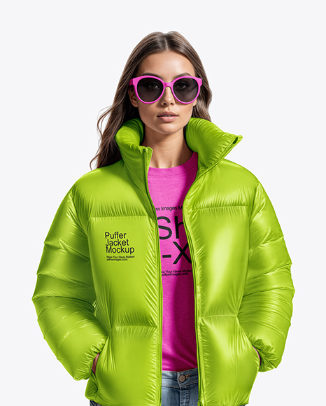 Woman Wearing a Puffer Jacket and T-Shirt Mockup