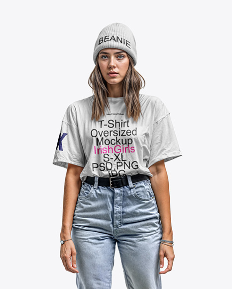 A Young Woman Wearing a Beanie Hat and T-Shirt Mockup