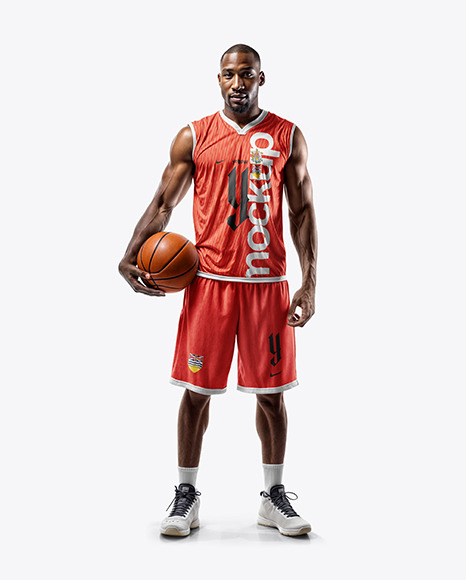 Bald Black Man Wearing a Full Basketball Kit with Ball Mockup