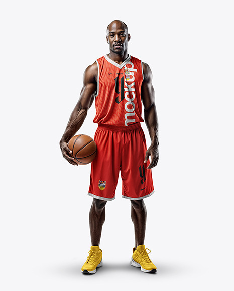 Basketball Player Wearing a V-Neck Jersey and Shorts Holding a Basketball Mockup