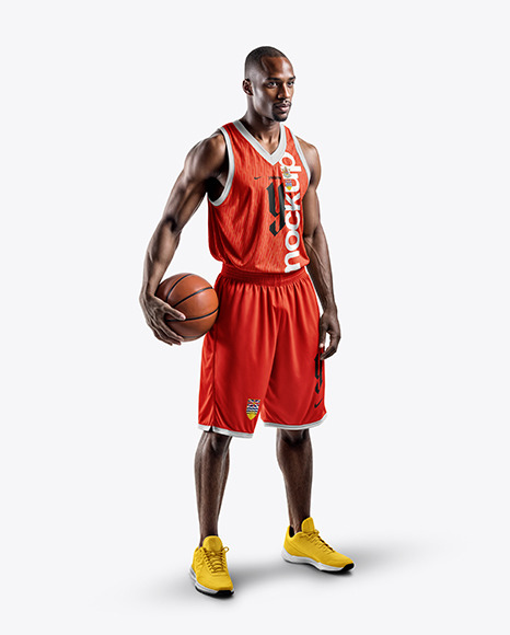 A Black Man Wearing a Full Basketball Kit with Ball Mockup