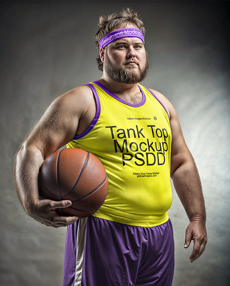 Fat Basketball Player Wearing Jersey and Shorts with a Basketball Mockup