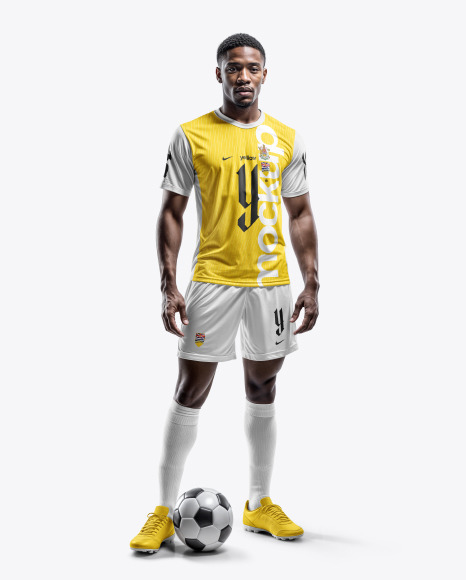 A Black Man Wearing a Full Soccer Kit with a Ball Mockup