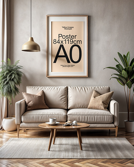 Poster with a Wooden Frame in a Living Room Mockup