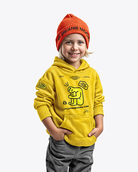 Boy Wearing a Hoodie and Beanie Hat Mockup