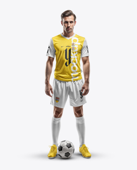 A Man with Ball Wearing a Full Soccer Kit Mockup