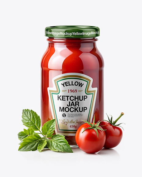 Tomato Sauce Jar Surrounded by Two Fresh Tomato and Green leaves Mockup