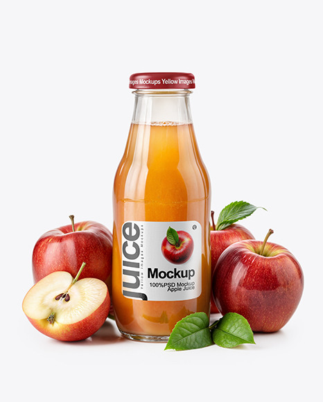 Clear Glass Bottle with Red Apple Juice Mockup