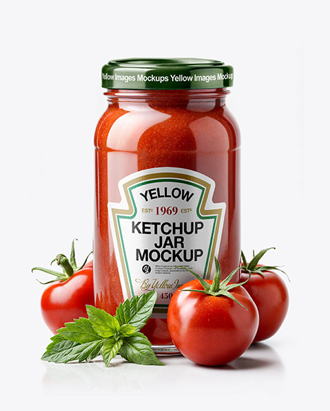 Tomato Sauce Jar with Three Fresh Tomato and Green Leaves Mockup
