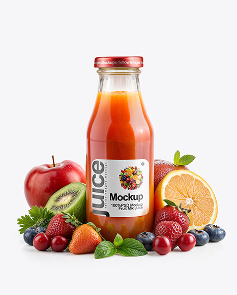A Bottle of Multifruit Juice Surrounded by variety Fruits Mockup