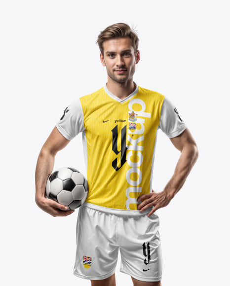 A Man with a Ball Wearing a V-Neck Soccer Jersey and Shorts Mockup
