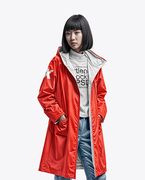 Asian Woman Wearing a Raincoat and Jeans Mockup