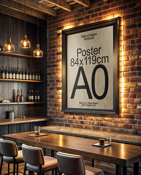 Framed Poster on a Brick Wall in a Bar Mockup