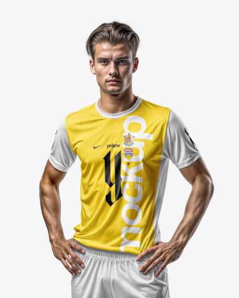 A Man Wearing Crew Neck Soccer Jersey and Shorts Mockup