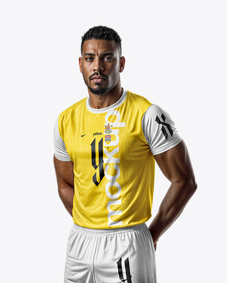 Brazilian Man Wearing a Crew Neck Soccer Jersey and Shorts Mockup