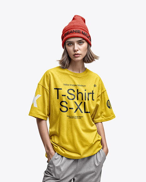 Woman With Bob Haircut In a Beanie and T-shirt Mockup