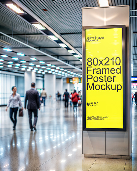 Advertising Framed Poster on a Column in Airport Terminal Mockup