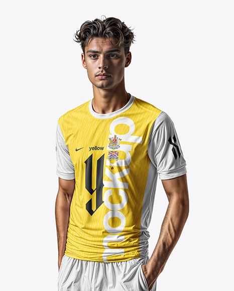 A Young Portugal Man Wearing Crew Neck Soccer Jersey and Shorts Mockup