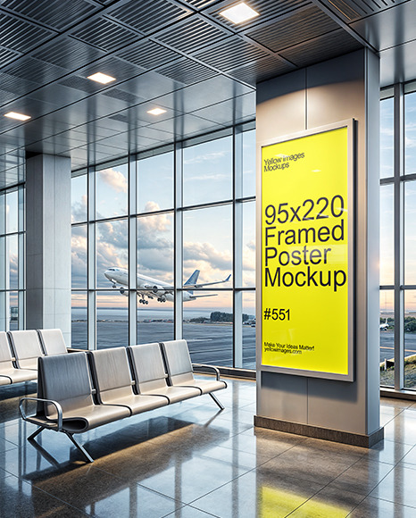 Advertising Framed Poster on a Column in Airport Interior Mockup