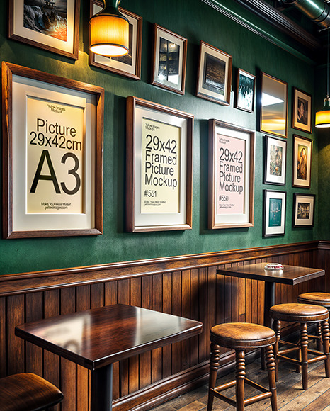 Three Framed Pictures on a Pub Wall Mockup