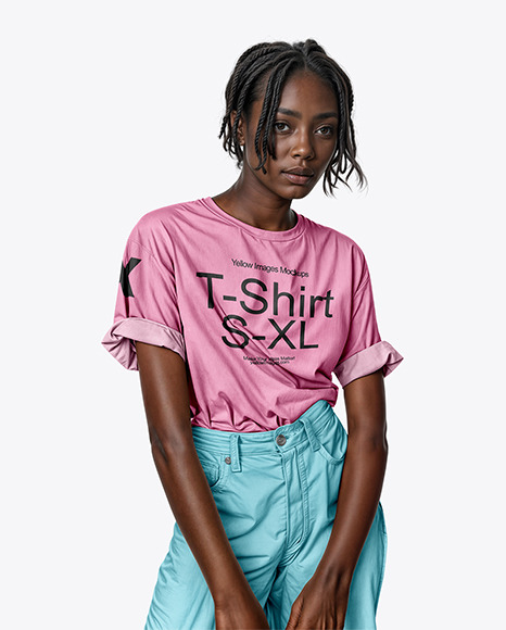 A Young Black Woman with Braids Wearing a T-Shirt &amp; Pants Mockup