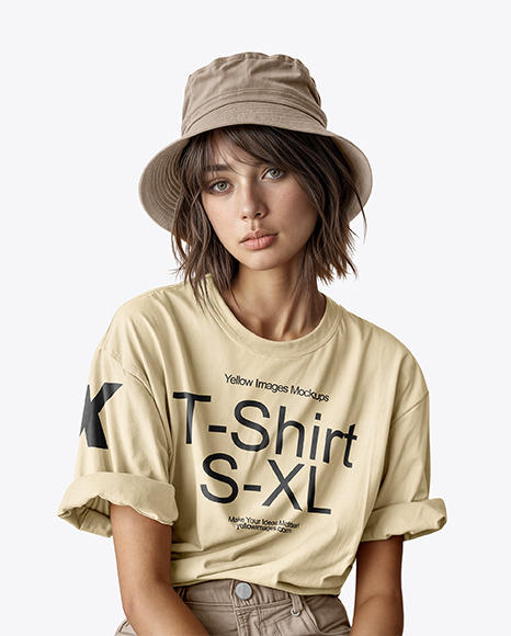 A Young Woman Wearing a T-shirt &amp; Bucket Hat Mockup