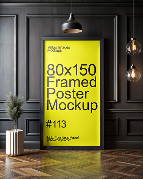 Big Framed Poster Next to Black Wooden Wall Mockup