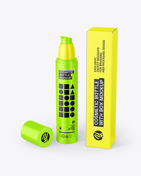 Glossy Cosmetic Bottle With Box Mockup