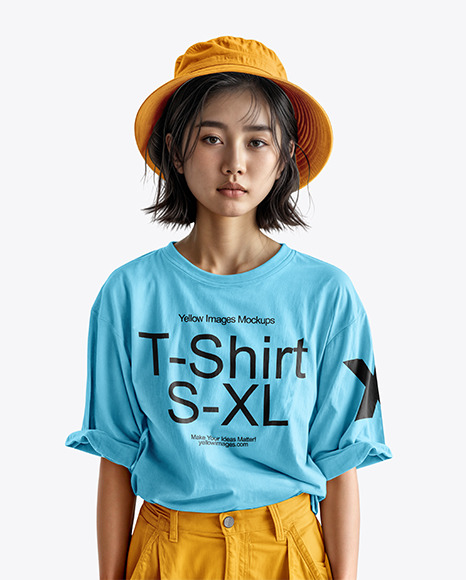 Asian Woman Wearing an Oversize T-shirt &amp; Bucket Hat Mockup