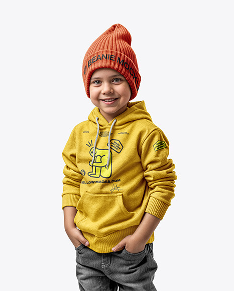 Boy Wearing a Hoodie and Beanie Hat Mockup