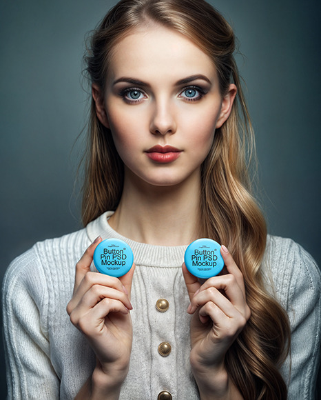 Young Woman Holding Two Button Pins Mockup