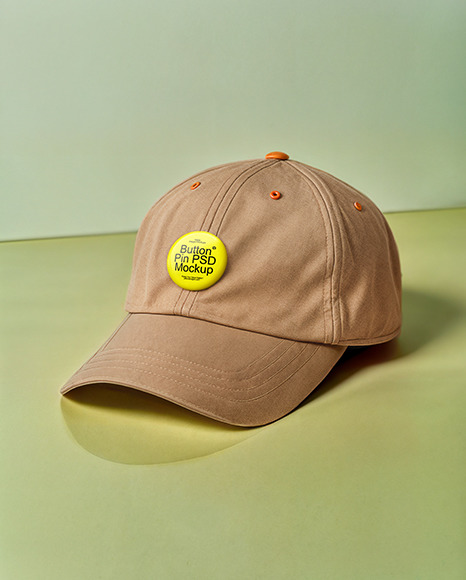 Pin Button on Beige Baseball Cap Mockup