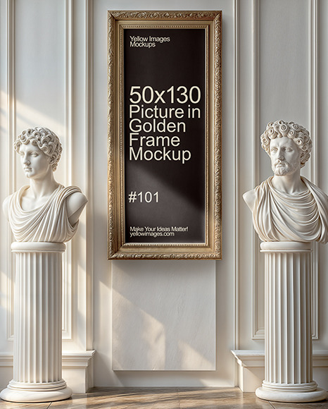 Picture in Golden Frame Next to Antique Statues Mockup