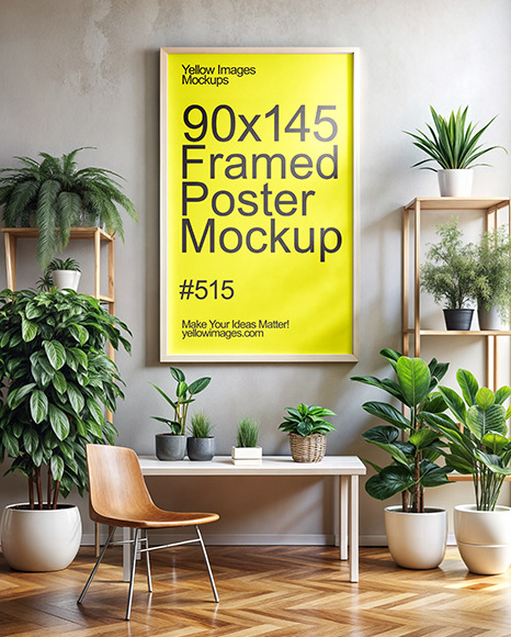 Wooden Framed Poster in a Living Room with Plants Mockup