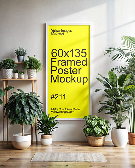 Wooden Framed Poster in Interior with Plants Mockup