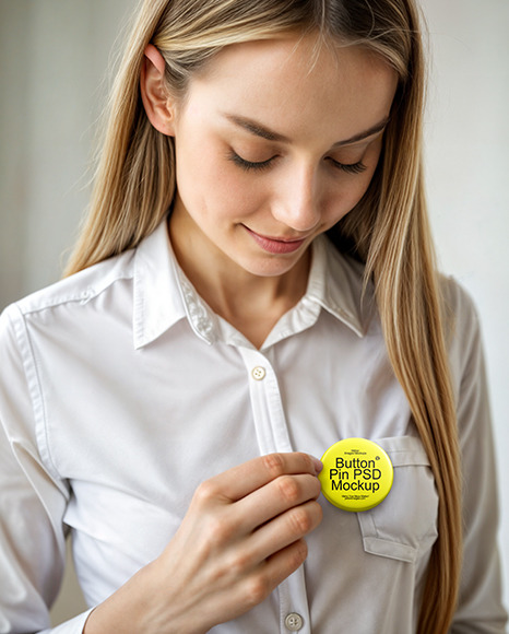 Woman Puts Pin Button on Her Blouse Mockup