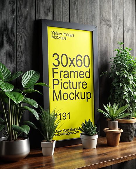 Wooden Framed Poster on Shelf with Plants Mockup