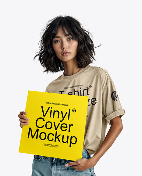 Woman Wearing a T-Shirt and Jeans Holding a Vinyl Cover Mockup