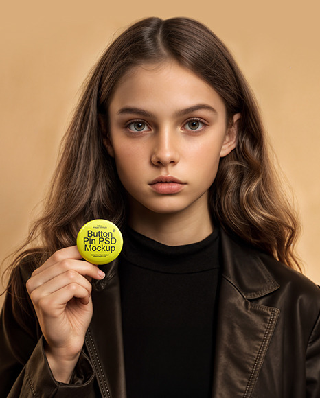 Teenage Girl Holding a Button Pin Mockup