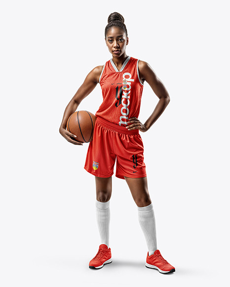 Black Woman Wearing a Full Basketball Kit with Ball Mockup