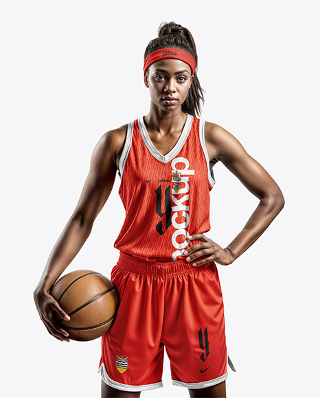 Female Basketball Player Wearing a V-Neck Jersey and Shorts Mockup