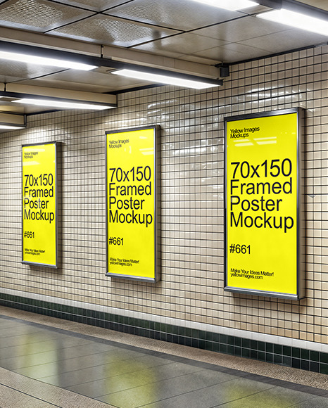 Thee Framed Posters on Subway Station Wall Mockup
