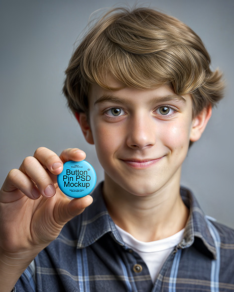 Teenage Boy Holding a Pin Button Mockup