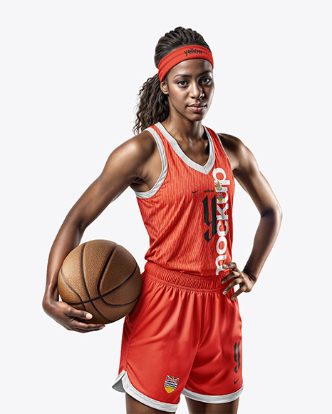 Female Basketball Player Wearing a V-Neck Jersey and Shorts Mockup