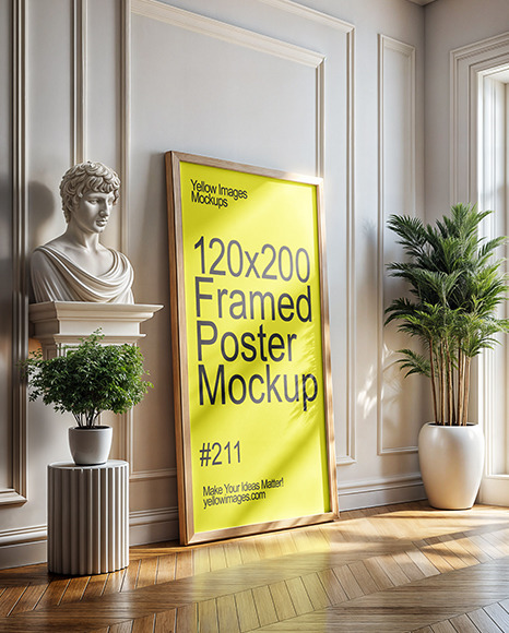 Wooden Framed Poster in Interior with Antique Statue Mockup