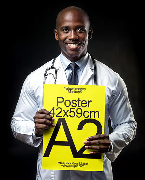 Black Medical Doctor Holding a Paper Poster Mockup