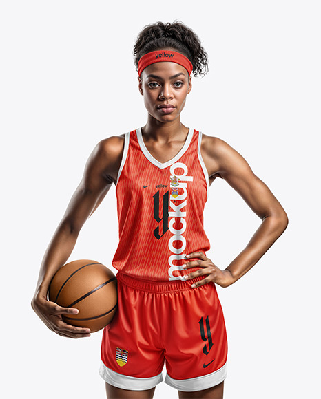 Woman Wearing a V-Neck Basketball Jersey and Shorts with a Ball Mockup